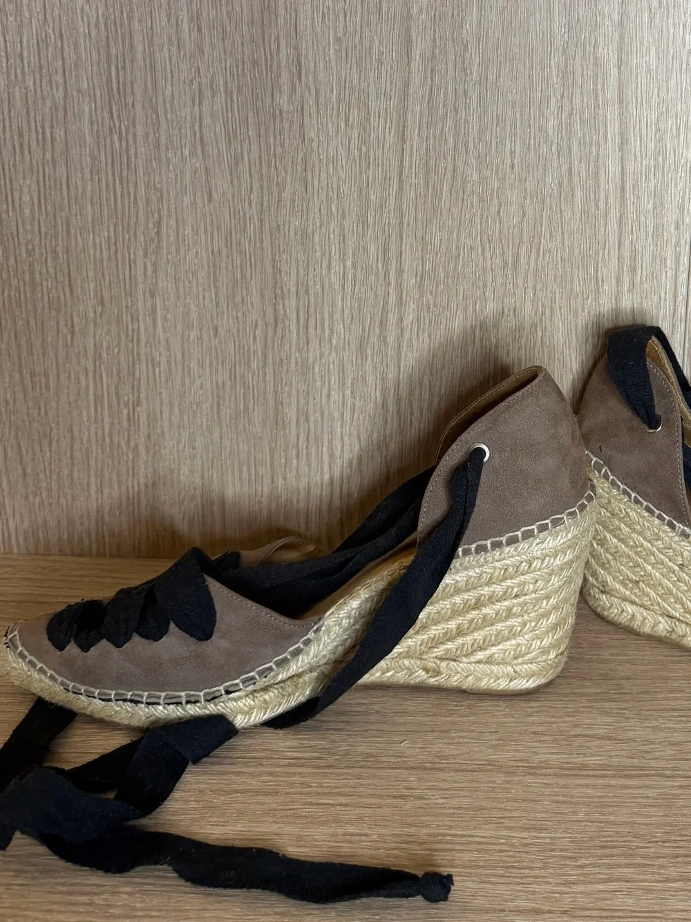 Women’s Lace-Up Espadrille Wedge Sandals in Taupe and Black